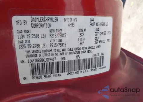 1999 Jeep Cherokee Classic/Sport z USA, uszkodzony, nr VIN 1J4FT68S8XL628417